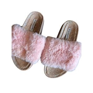 Tahari Pink Faux Fur‎ Slides Glitter Slip On Sandals Cute Comfy